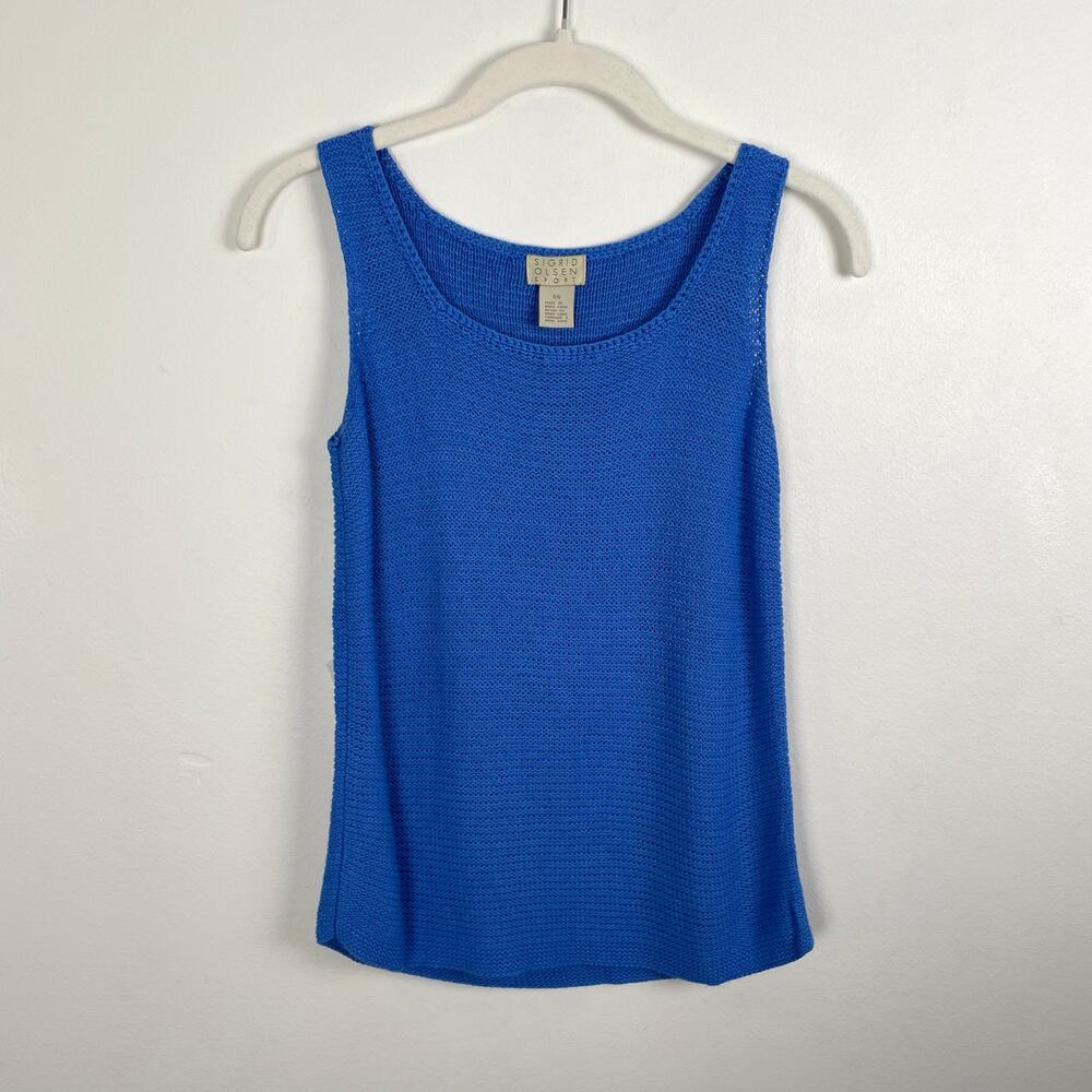 VTG Sigrid Olsen Sport Loose Knit Crochet Top XS Blue Sleeveless Sweater Tank